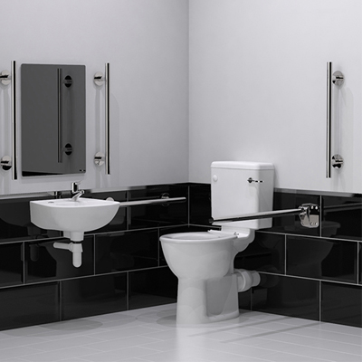 Close coupled Doc M toilet pack with stainless steel concealed fixing luxury grab rails